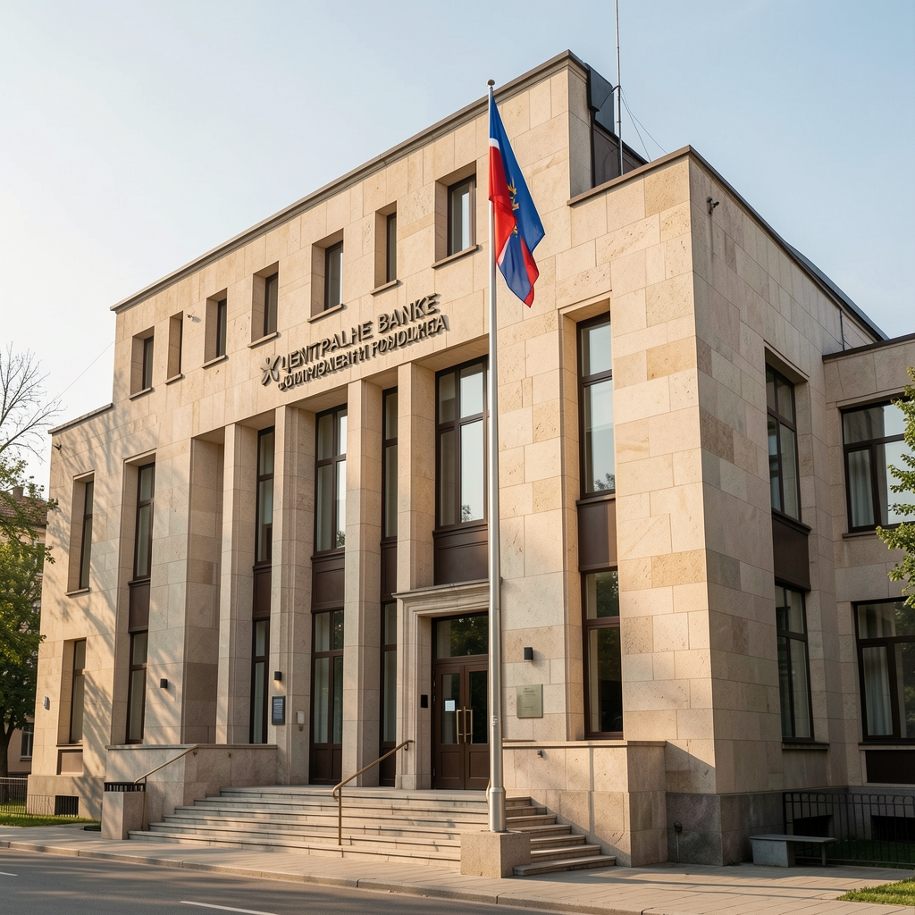 Зграда централне банке са каменом фасадом и националном заставом, симболизујући институционалну стабилност монетарне политике